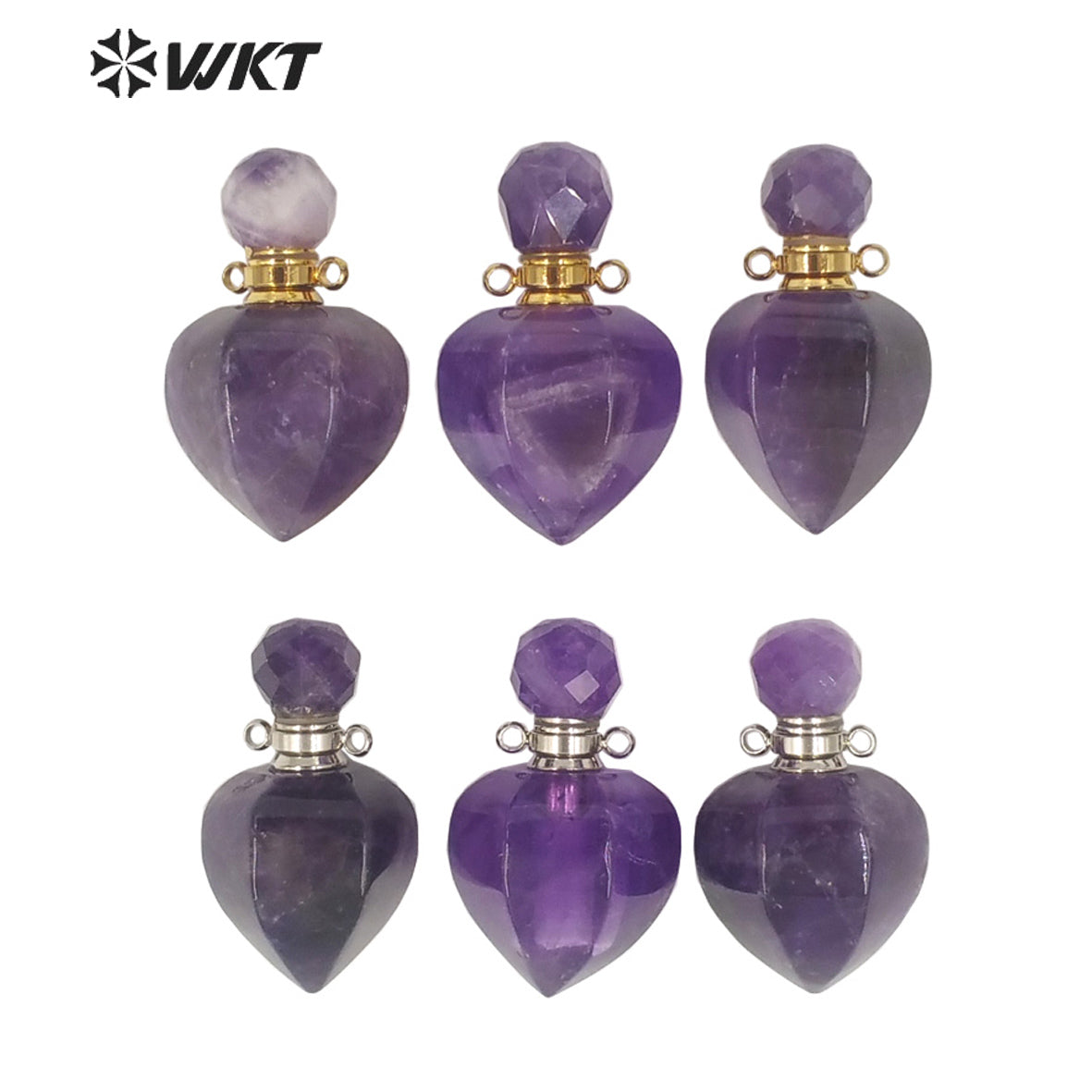WT-P1635 WKT New Design Natural Stone Amethyst Perfume Bottle Drop Pendant Lady Jewelry Stone Perfume Bottle Pendant As Gift