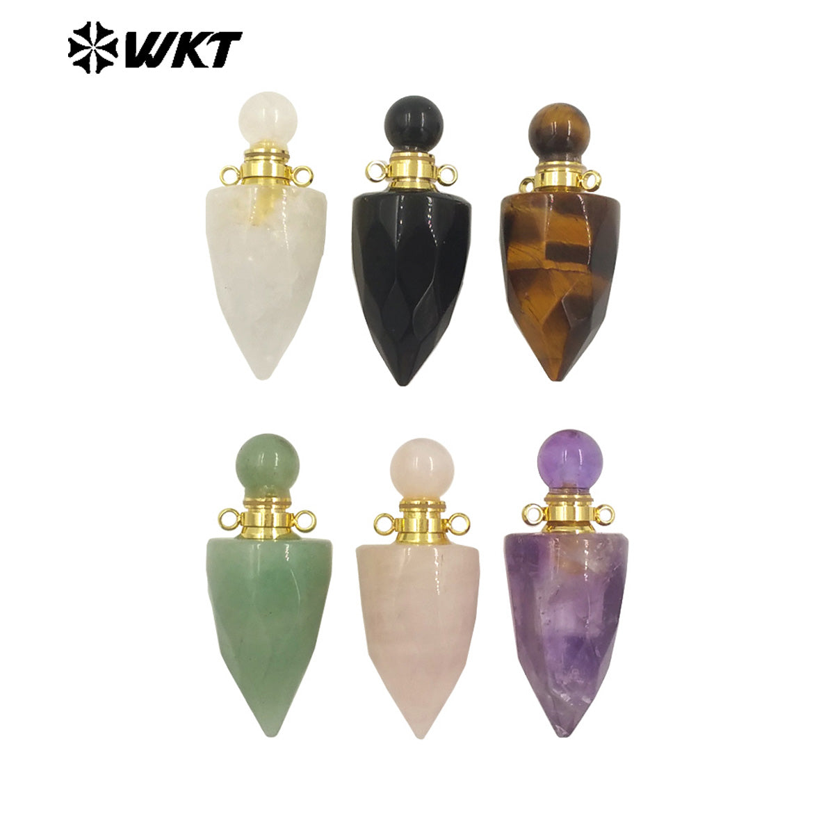 WT-P1979 New Design Fashion Gold Plated Faceted Natural Gemstone Carved Bullet Point Perfume Bottle Pendant for Necklace