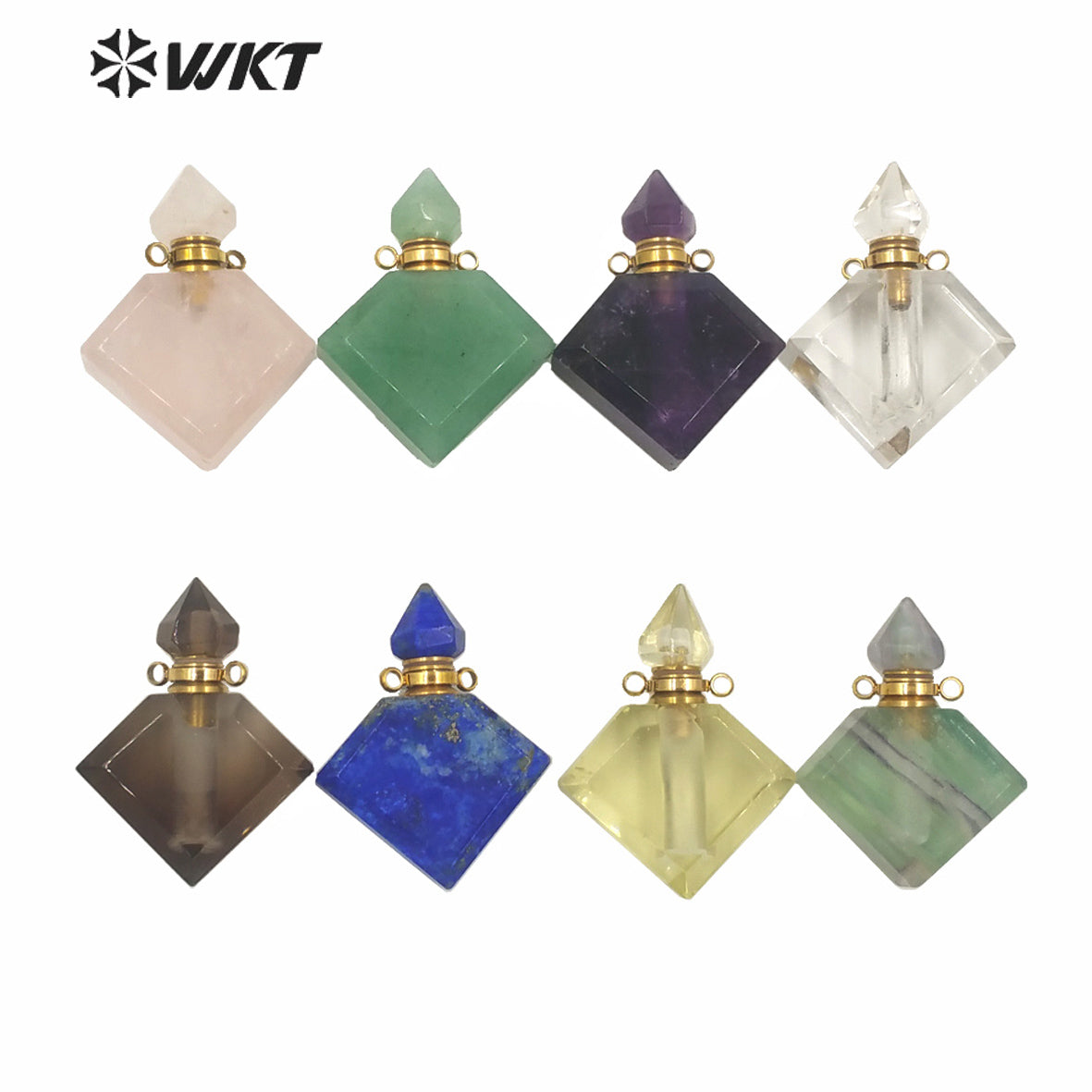 WT-P1575 Wholesale Rhombus Shape Natural Stone Essence Oil Bottle Pendant Gold Stainless Steel Components Stone Perfume Bottle