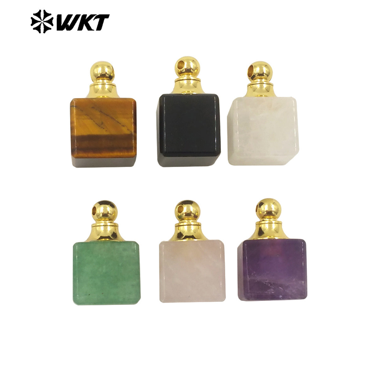 WT-P1978 New Design Wholesale Natural Gemstone Cubic Square Essencial Oil Stone Bottle Pendant for Necklace