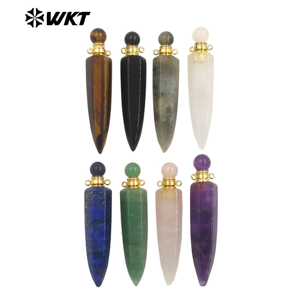 WT-P1984 Wholesale Fashion Gold Plated Long Bullet Shape Natural Lapis Amethyst Quartz Stone Made Women Perfume Bottle Pendants