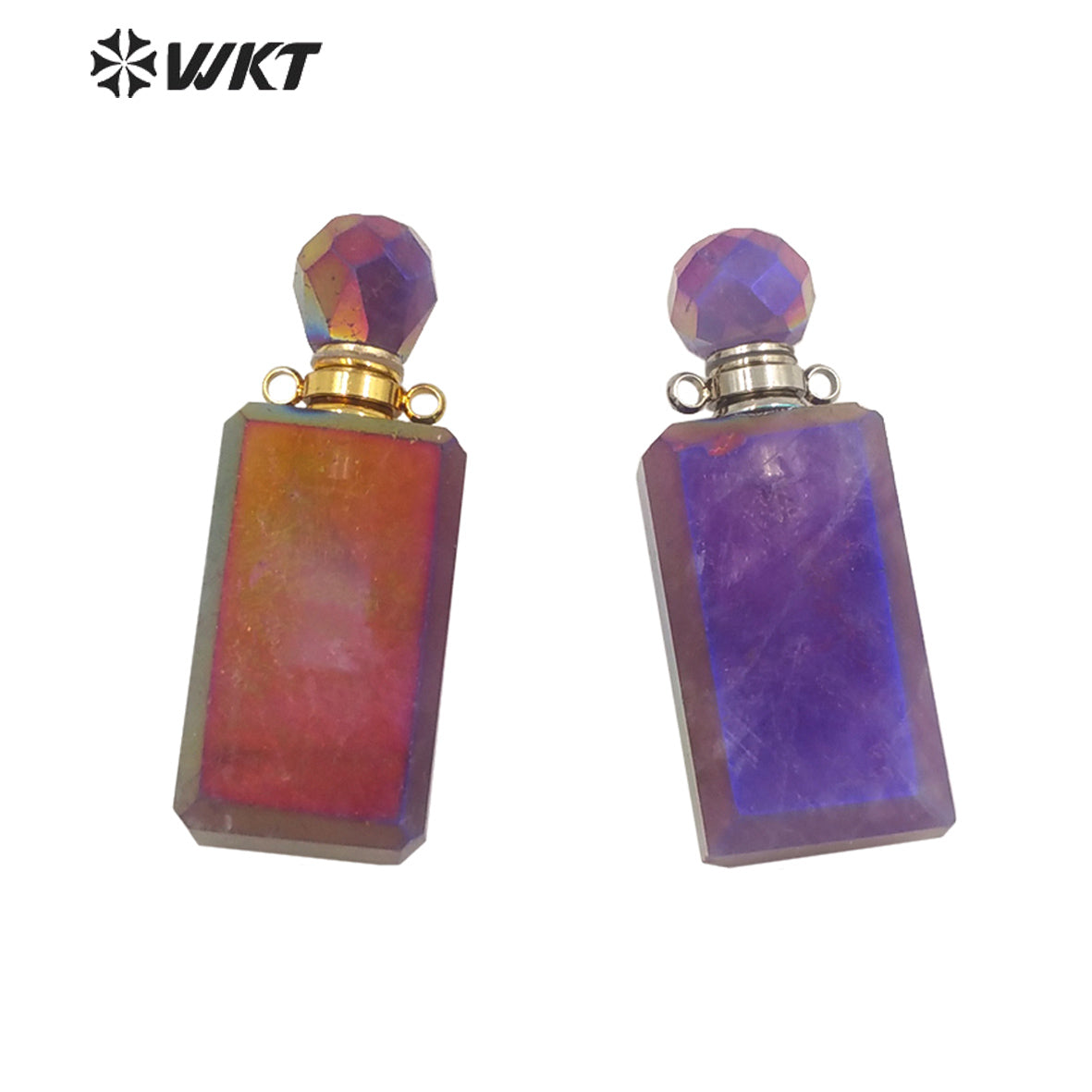 WT-P1645 Wholesale Newest Long square Amethyst Perfume Bottle Pendant for Necklace Design Stainless Steel Essencial Oil Bottle