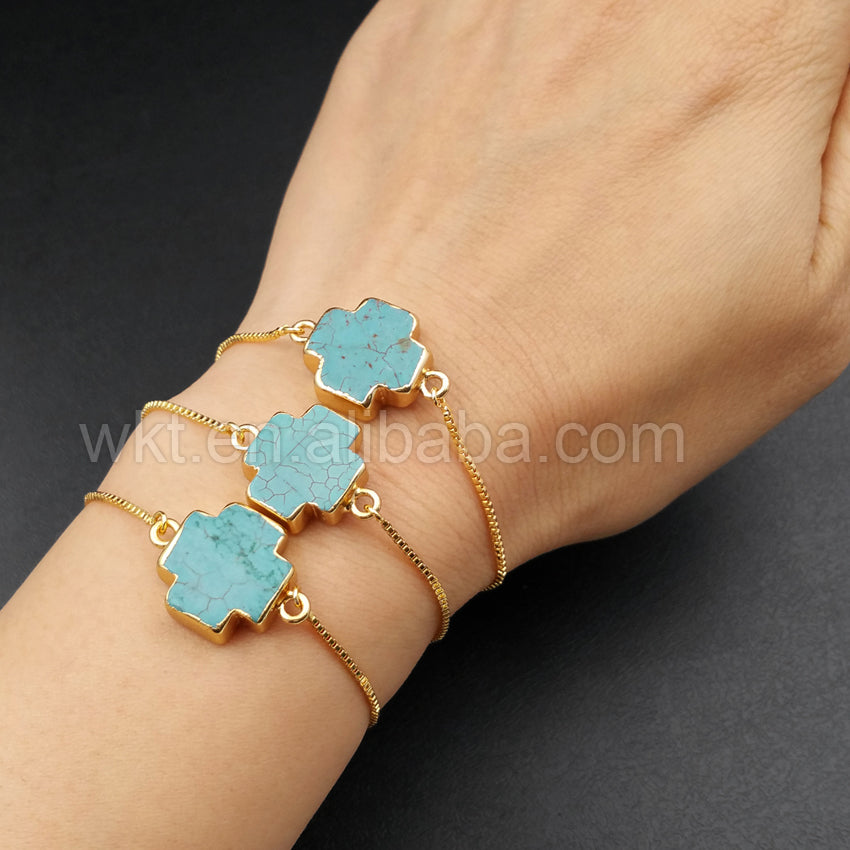 WT-B339 Amazing Natural Turquoise Connector Bracelet , Exclusive Design Cross Turquoise Connector Bracelet in Adjustable