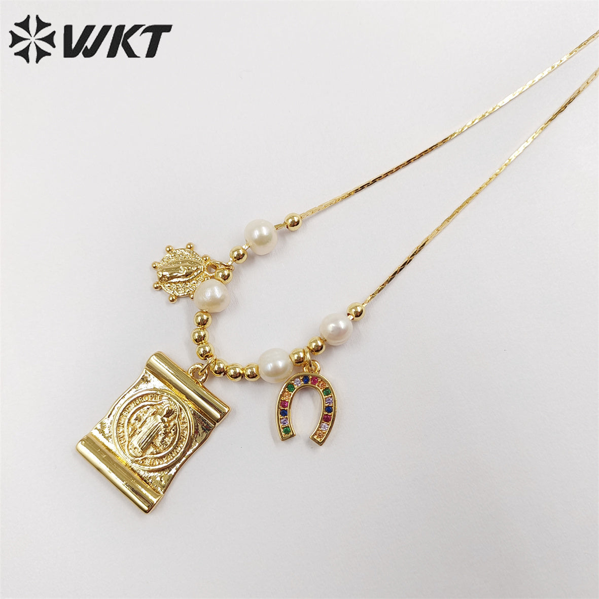 WT-JN230 Wholesale Fashion Gold Religious St Benedict Medal Pearl Necklace Charming Christian Adjustable Themed Medal Necklace