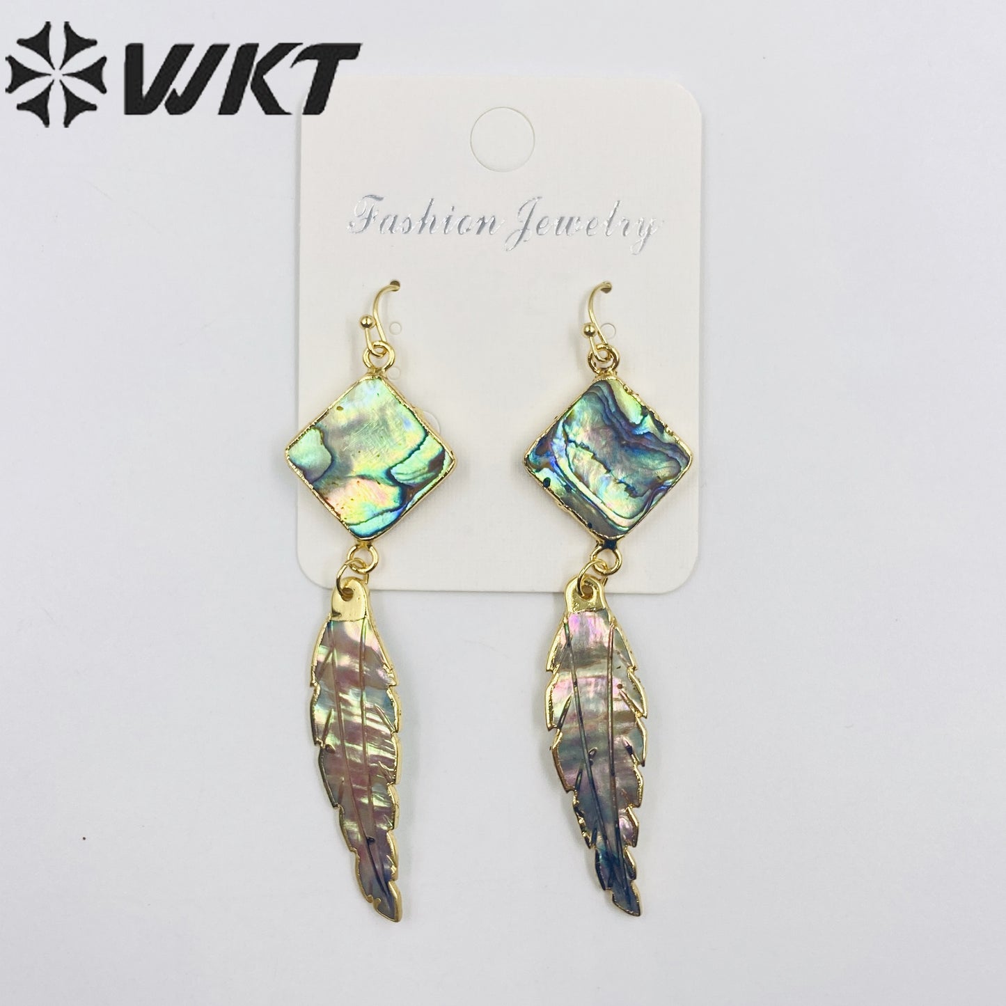 WT-E326 Wholesale 24K Gold Plated Square Abalone Shell Dangle Earring With Carved Abalone Shell Feather for Women