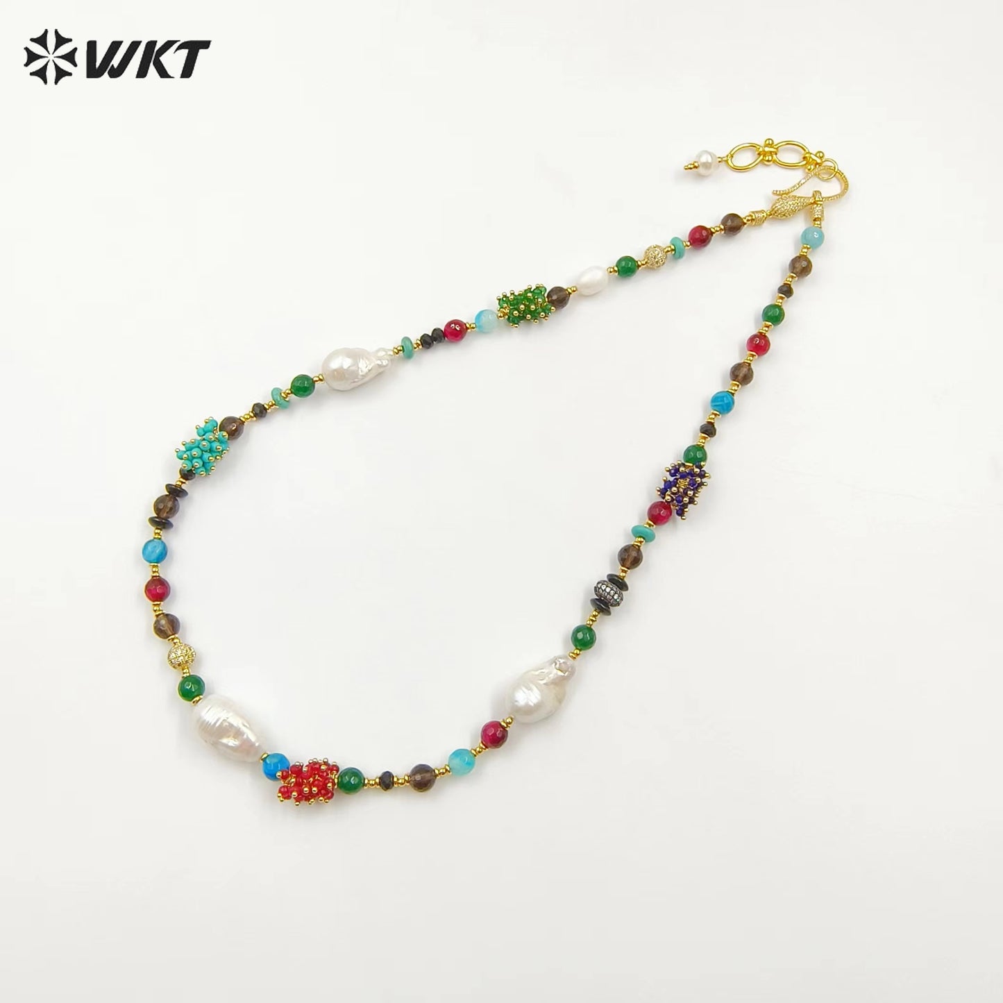 WT-JN264 Gorgeous 8MM Round Faceted Natural Agate and Baroque Pearl Lady Beads Necklace in 26 Inch Long