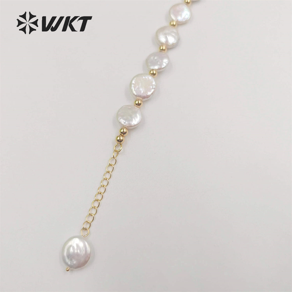 WT-MPB091 WKT New Design Delicate Round Coin Freshwater Pearl Bracelet 7Inch Long High Quality Pearl Beads Jewelry Bracelet