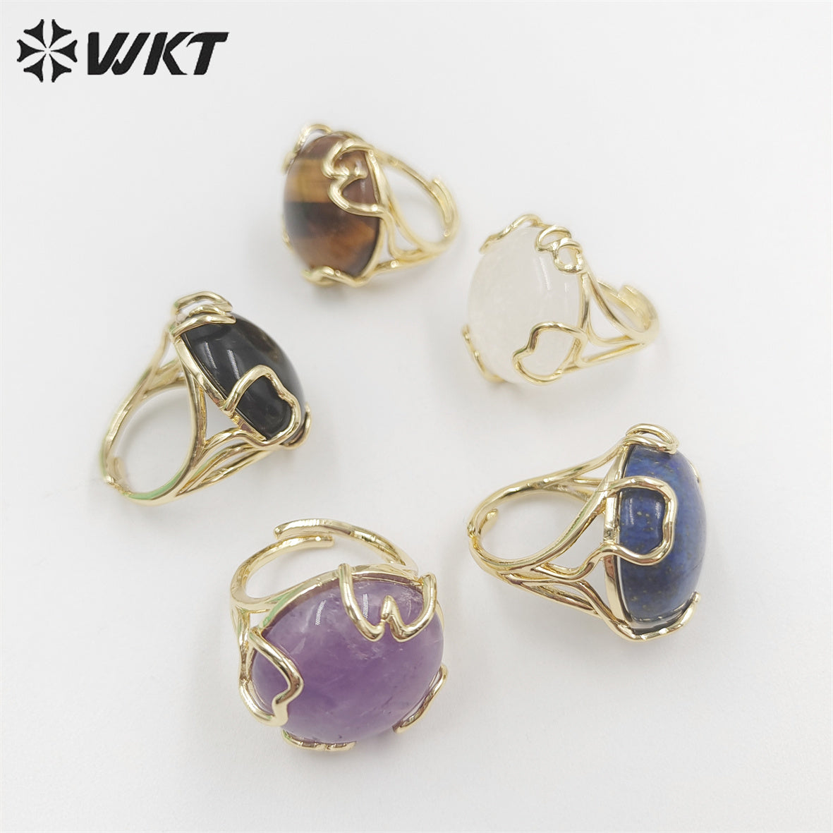 WT-R440 Wholesale Fashion 18k Real Gold Plated Resist Tarnishable Handmade Claw Setting Round Gemstone Ring in Adjustable Size