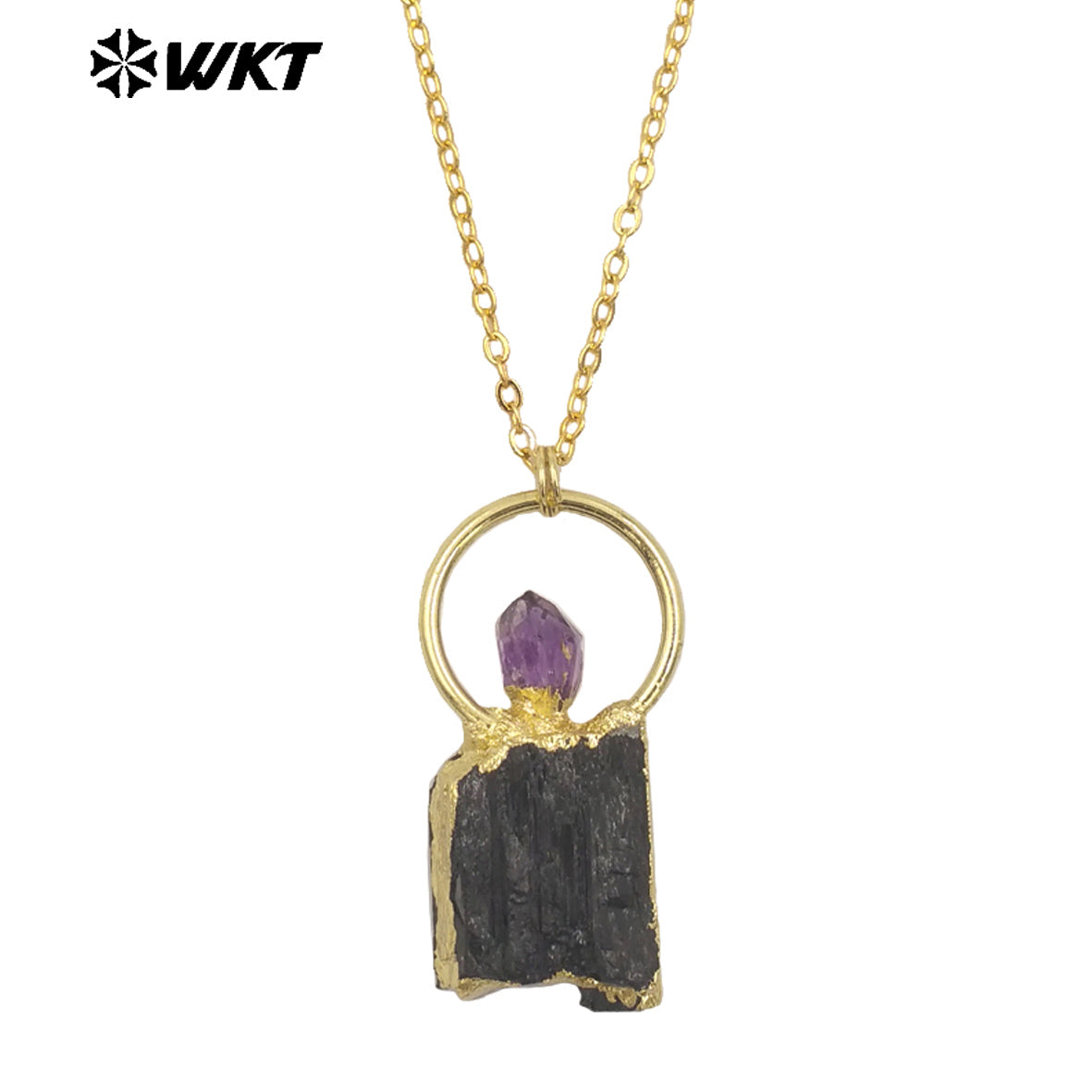 WT-N1467 Amazing Gold Plated Energy Healing Black Tourmaline With Amethyst Stone Pendant Necklace for Birthday Jewelry