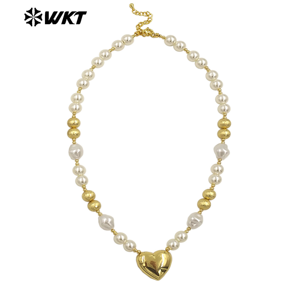 WT-JN286 New Product Lovely Natural Yellow Brass Artificial Pearl Love Shaped Necklace for Sweet Girls As Daily Matching Jewelry