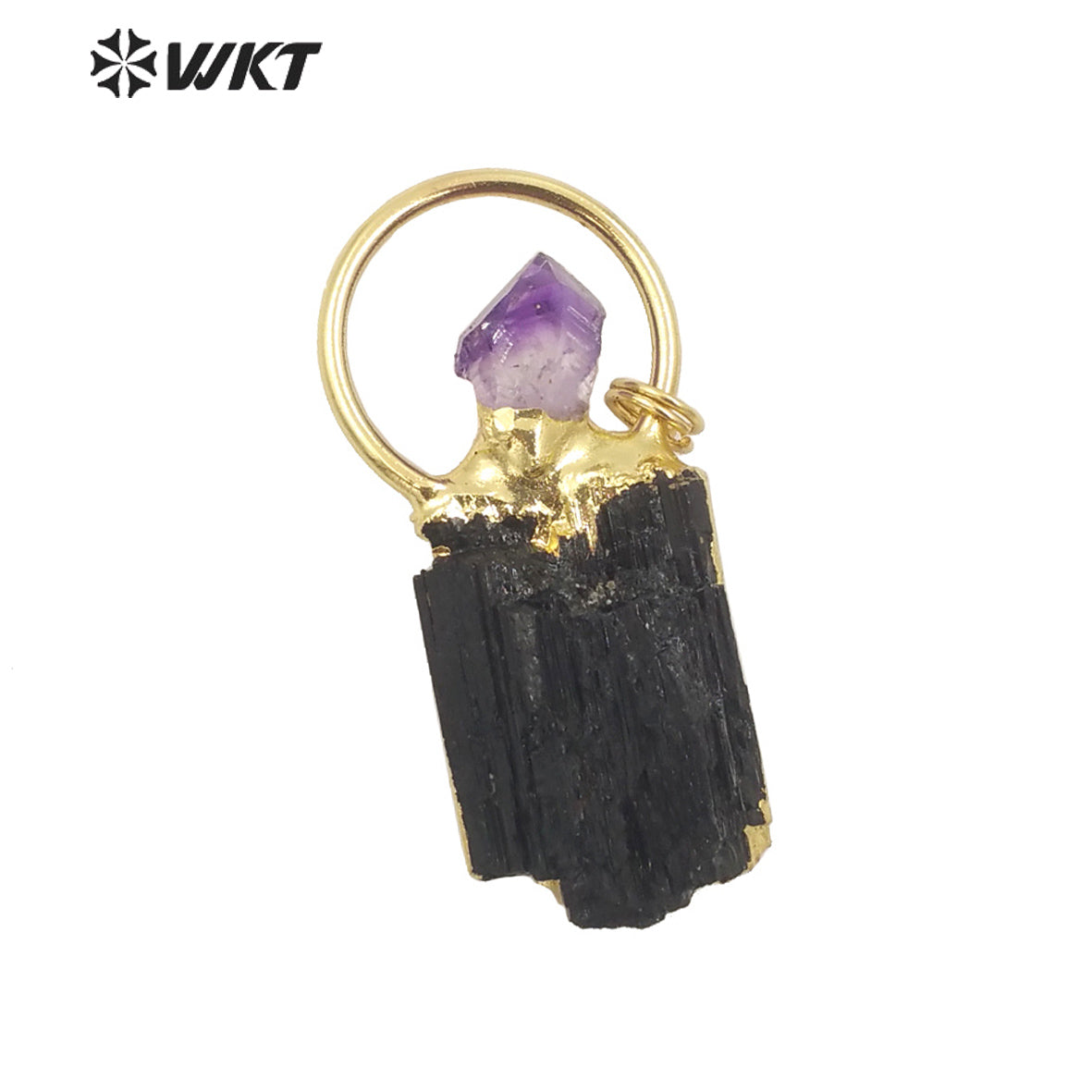 WT-P1960 Wholesale Fashion 18K Gold Plated Raw Stone Black Tourmaline With Amethyst Charm Energy Jewelry Pendants