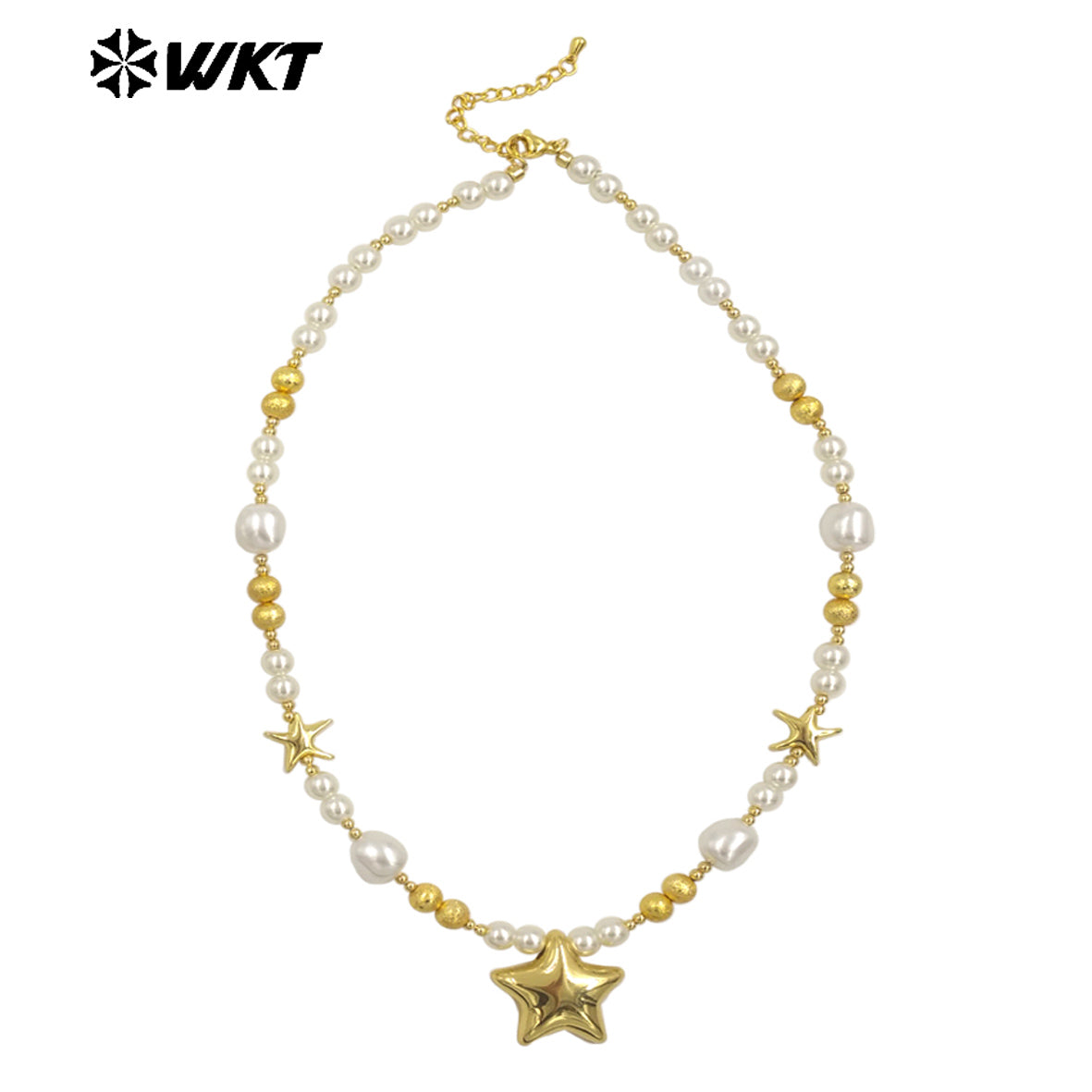 WT-JN287 WKT Natural Yellow Brass Artificial Pearl Star Shape Gold and Silver 16 Inch Necklace for the Girl As Birthday Gift