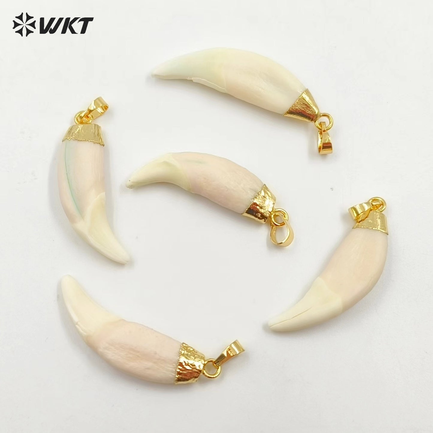 WT-P241 WKT Wholesale Artificial Tooth Pendants with Gold Color Cap Amazing Raw Horn Bone Pendants for Jewelry Making