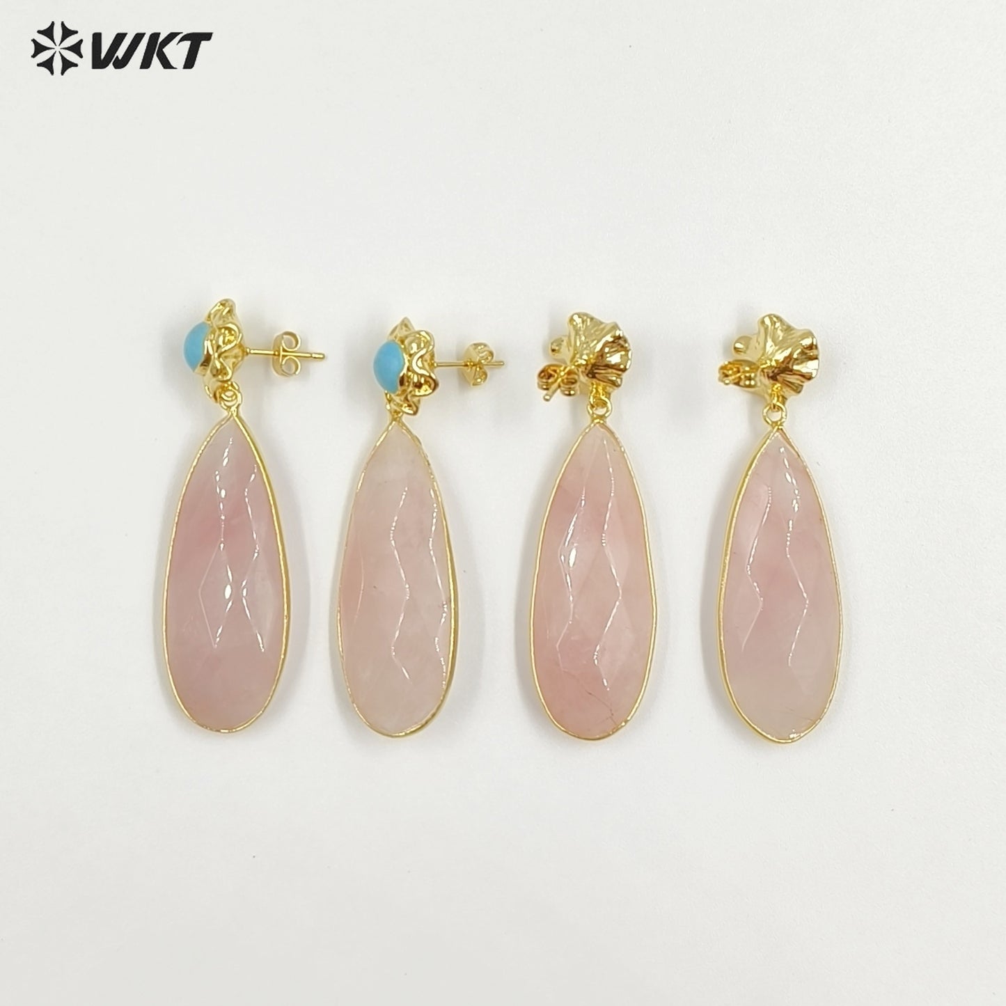 WT-E792 New Design Gold Plated Natural Small Gemstones And Pink Crystal Long Waterdrop Shape Earrings As Women Romantic Gift