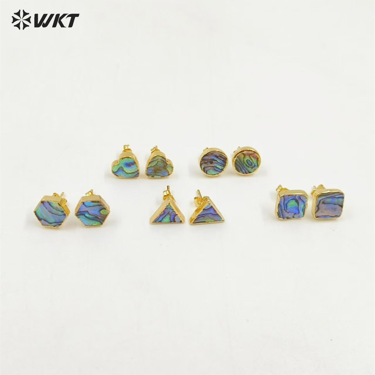 WT-E170 Wholesale Natural Abalone Shell Studs in 18k Real Gold Plated Resist Tarnished Lady Triangle Studs