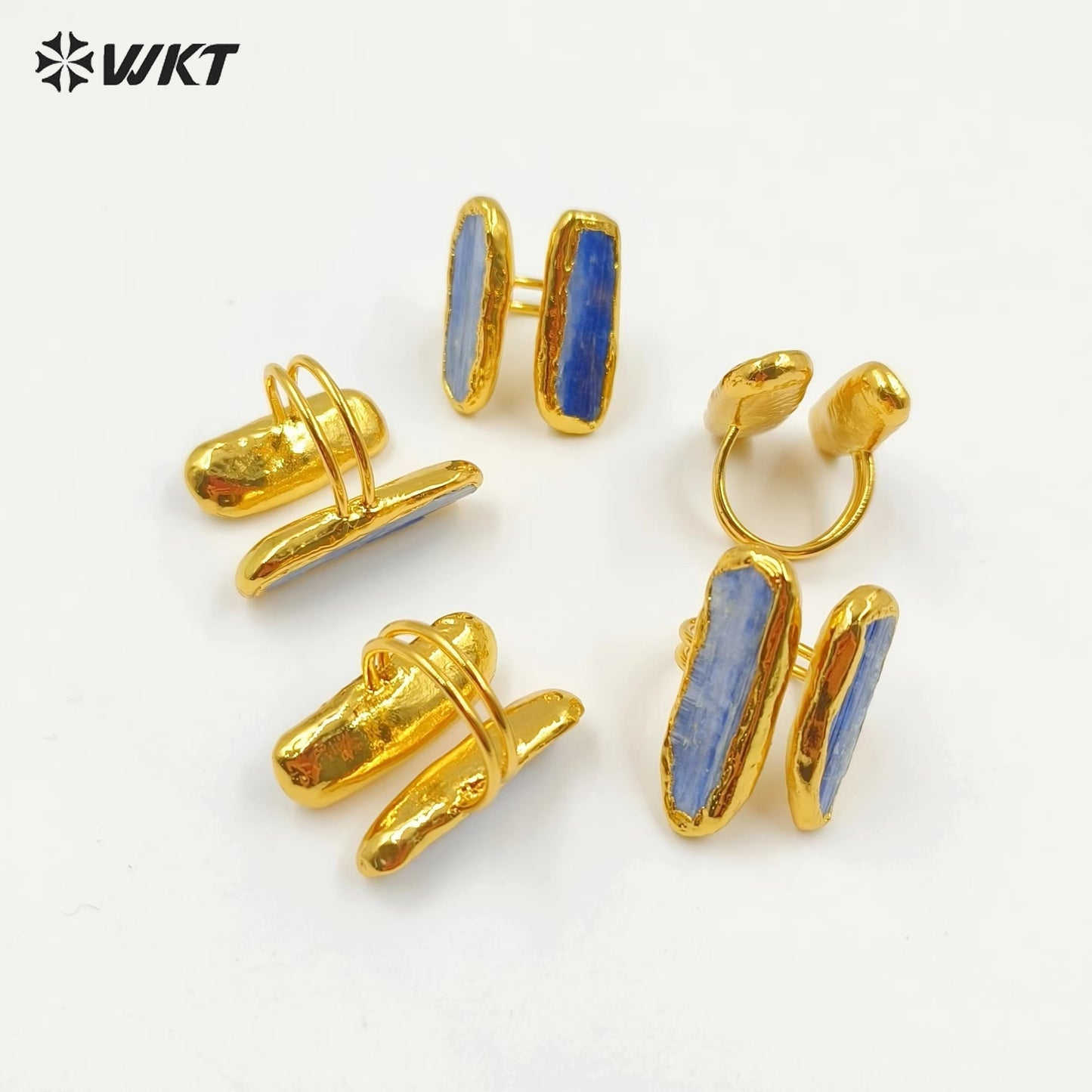 WT-R496 WKT New Design Fashion 18K Real Gold Plated Double Stone Blue Kyanite Ring in Open Size US7 Bohemian Style