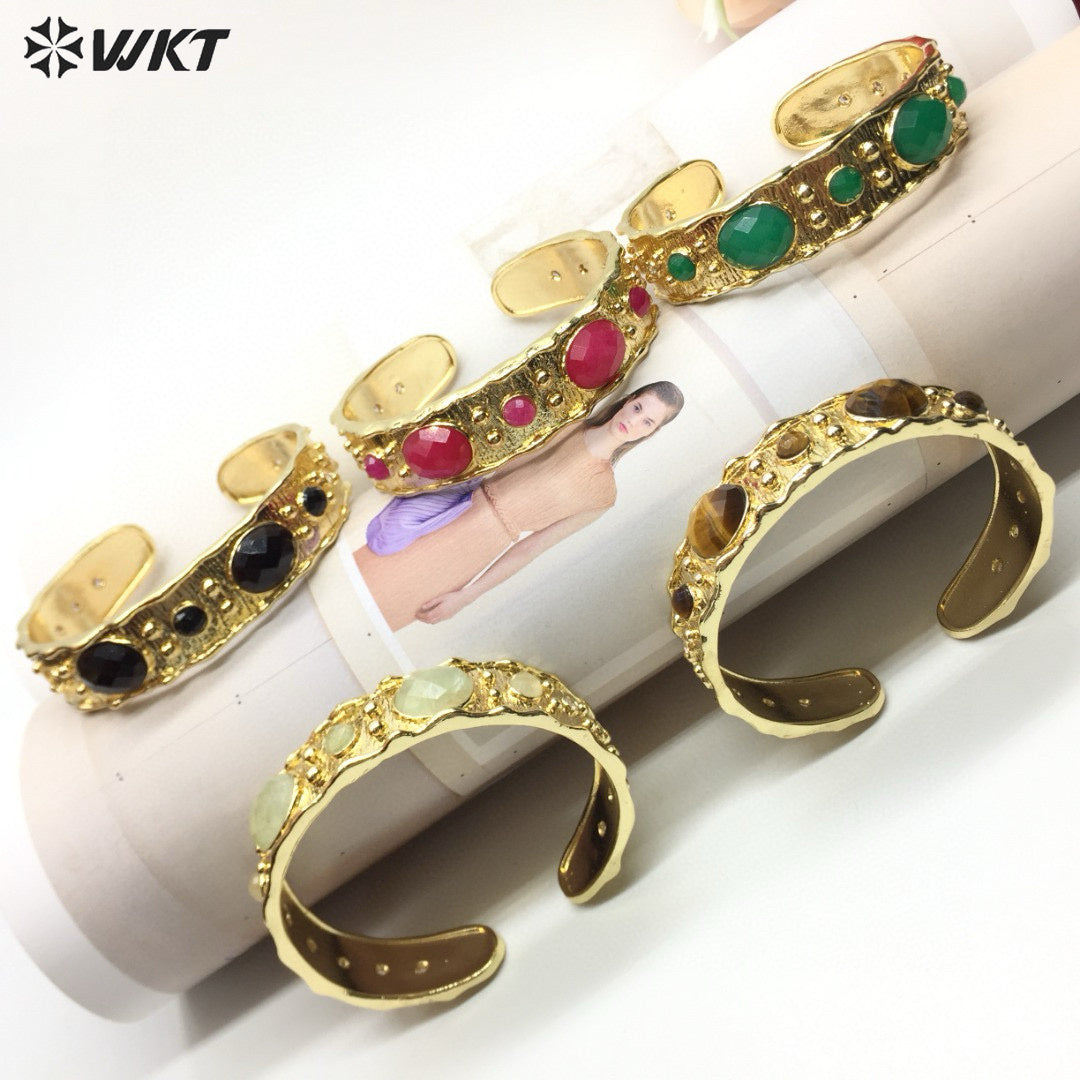 WT-B663 Delicate 18K Real Gold Plated Multi Natural Precious Stones in Bezel Setting Women Birthday Gift Gemstone Bangle