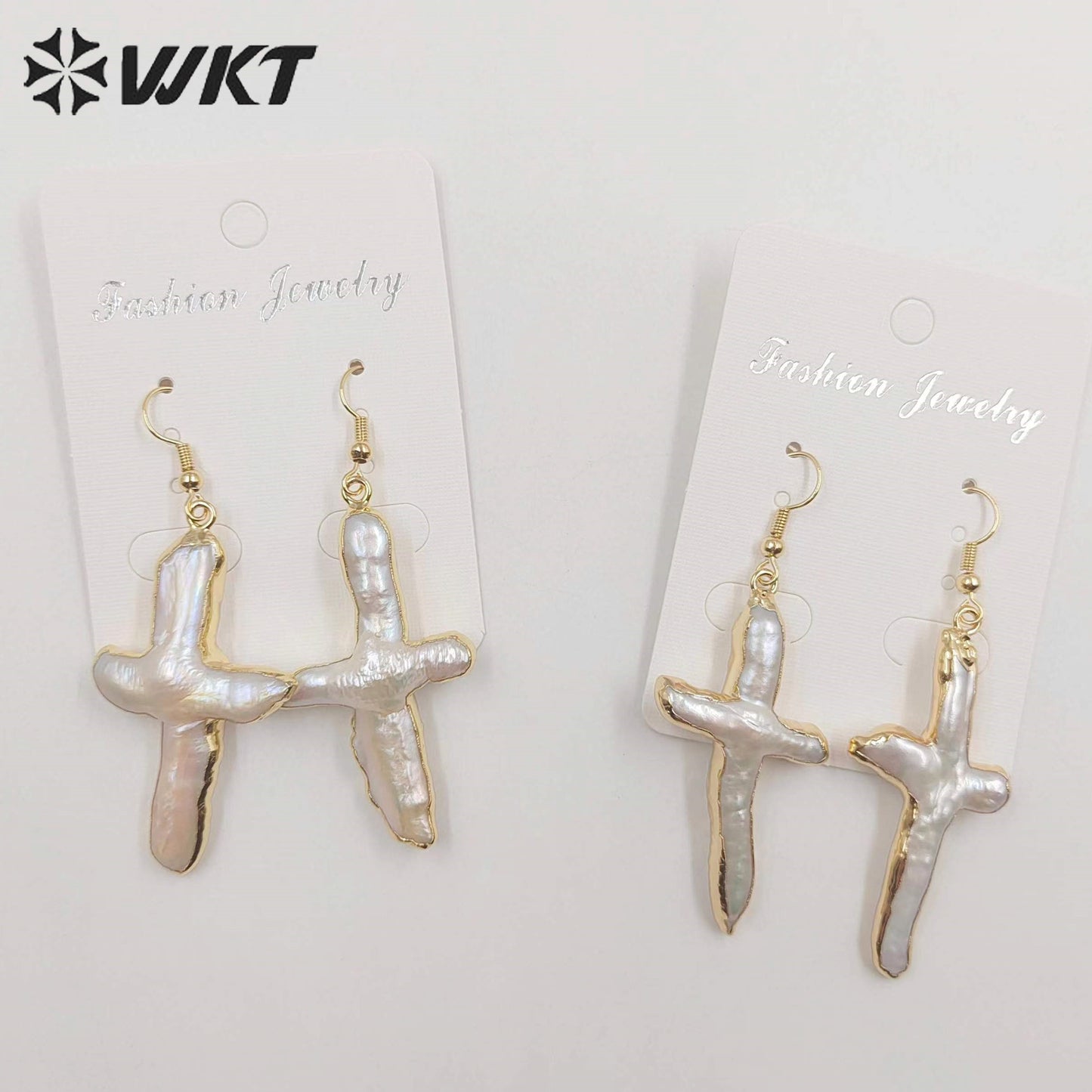 WT-E071 Super Hot Christian Religious Cross Earrings 18k Real Gold Plated Dangle Natural Freshwater Pearl Earrings for Wedding