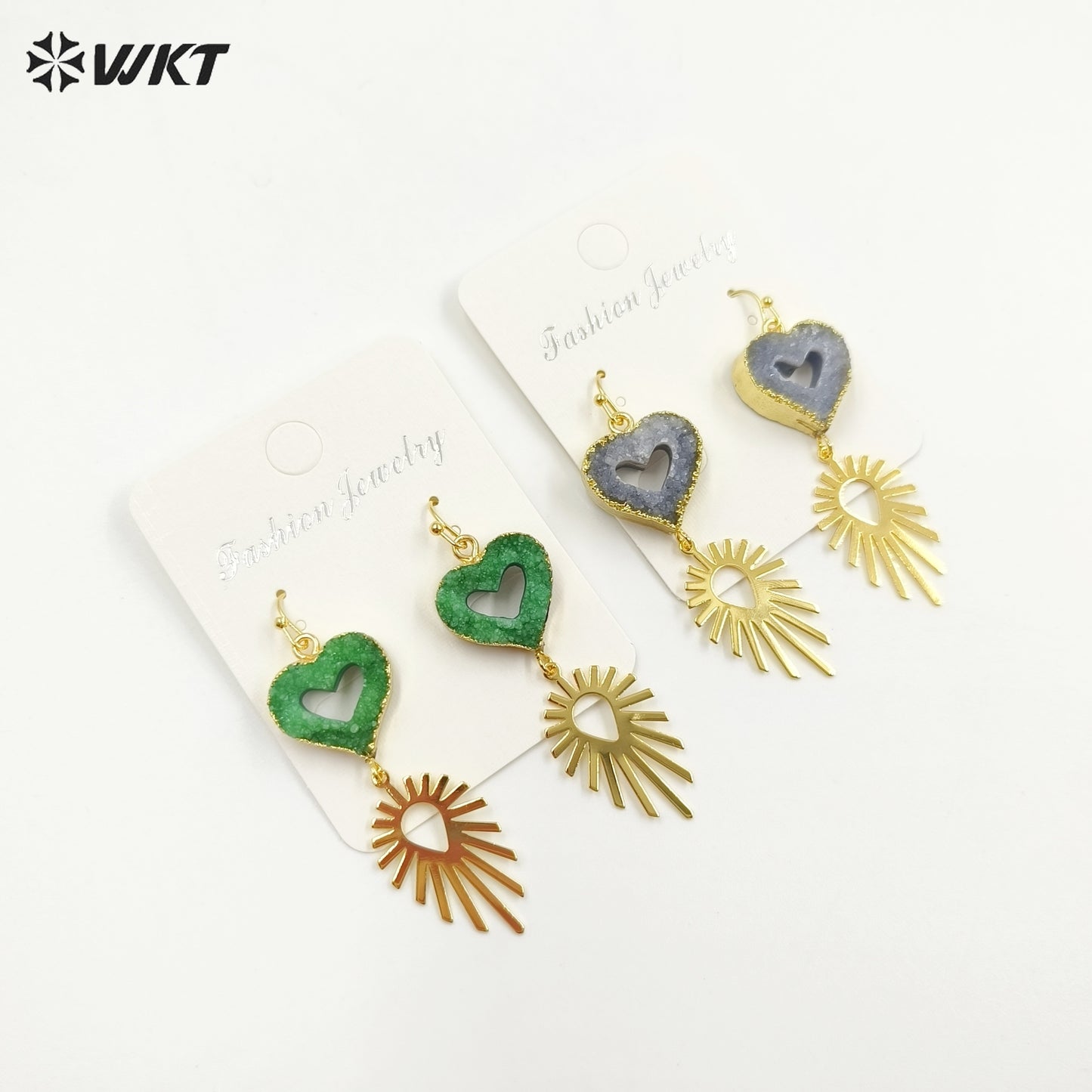 WT-E747 Wholesale Fashion New 18k Gold Plated Hollow Design Lovely Druzy Quartz Made Heart and Leaf Stone Earrings