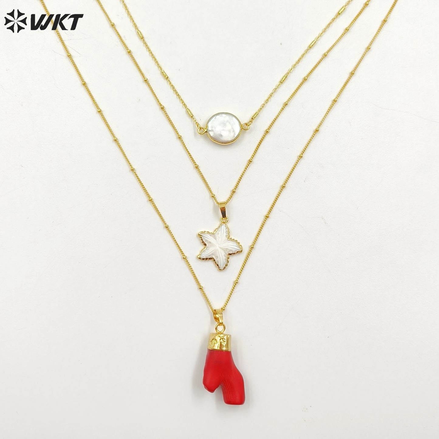 WT-N1325 Noble and Nice Jewelry with Freshwater Pearl Star Shape Shell Red Coral Pendants so Fashion Natural Stone Necklace