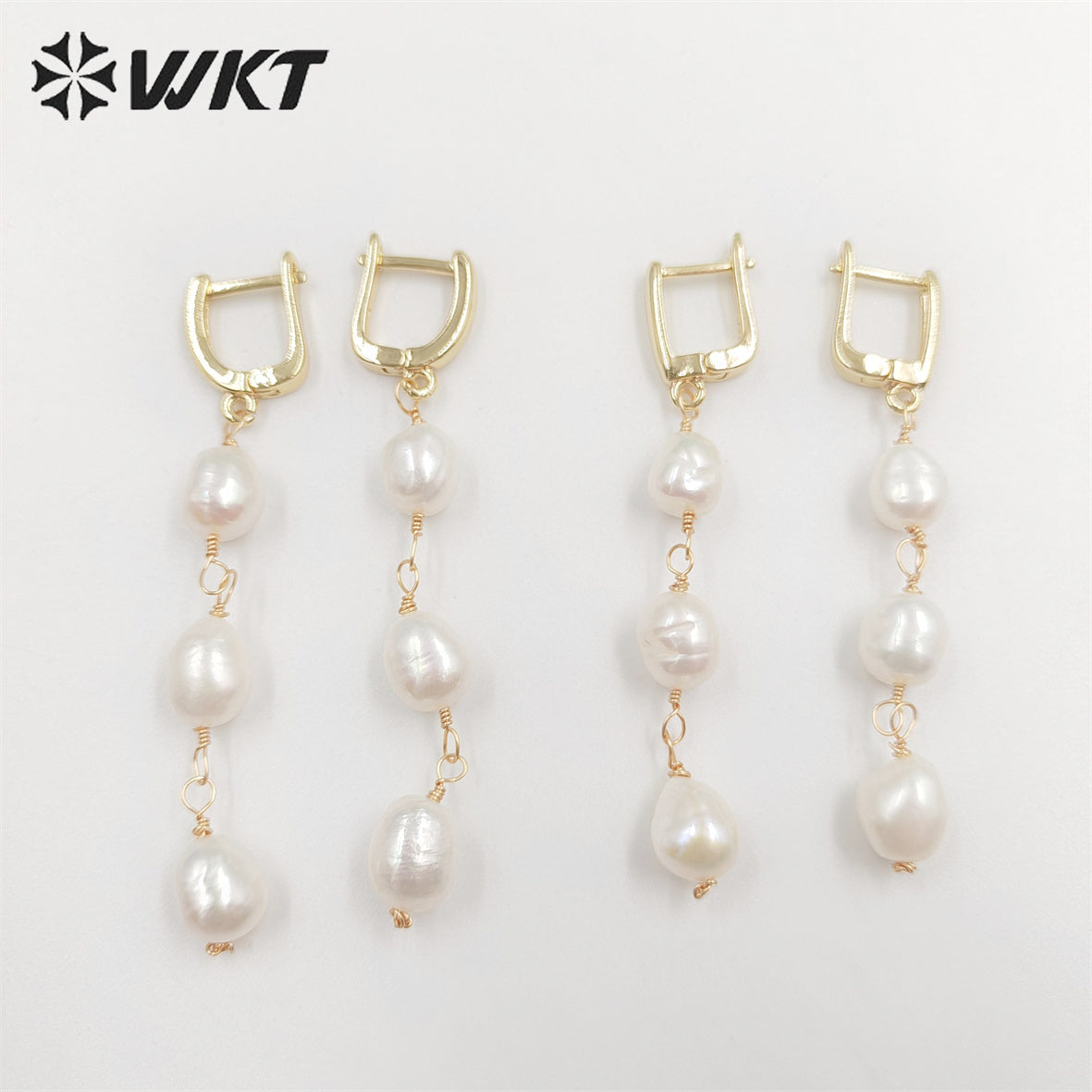 WT-MPE078 New Elegant Triple Freshwater Pearl Beads Make Clasp Earrings Fashion Gold Dangling Wire Wrapped Real Pearl Earrings