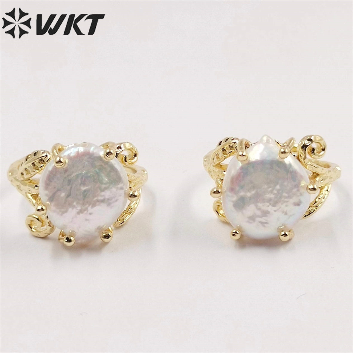 WT-MPR049 Unique Fashion Gold Plated Prong Setting Women Pearl Ring Delicate Round Coin Pearl Anneversary Gift Ring for Wife