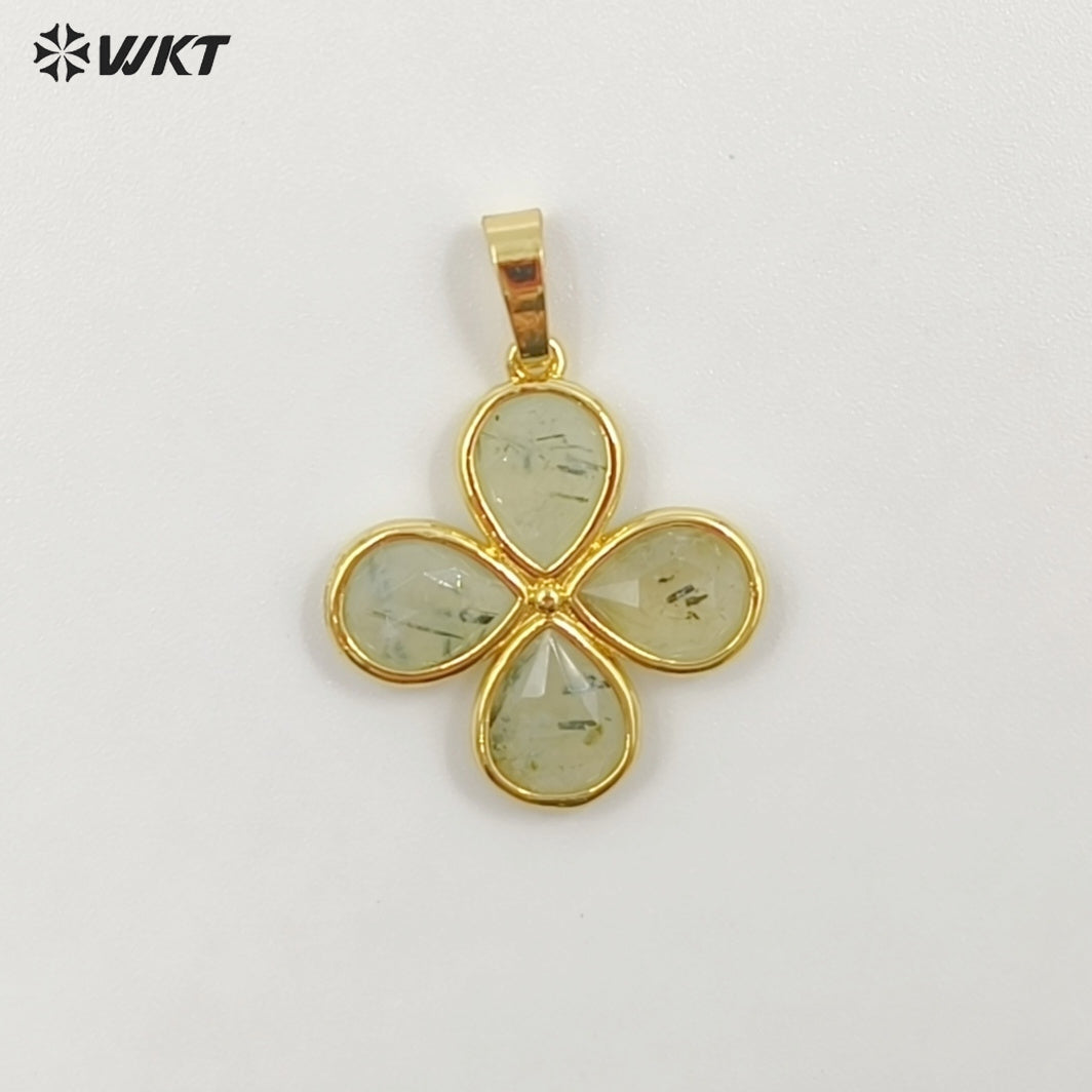 WT-P2031 Romantic Lovely Gold Plated Lucky Four Leaves Clover Flowers Shape Natural Gemstone Pendants For Ladies Necklace DIY