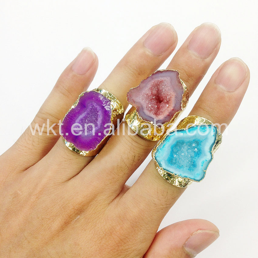WT-R242 Fashion Design Trendy 24k Gold Plated Natural Druzy Geode Agate Ring Stone Ring