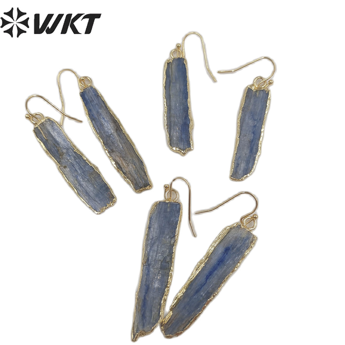 WT-E137 Natural Raw Gemstone Blue Kyanite Earrings, Raw Stone Gold Dipped Earrings for Women Dangle Pendant Earrings
