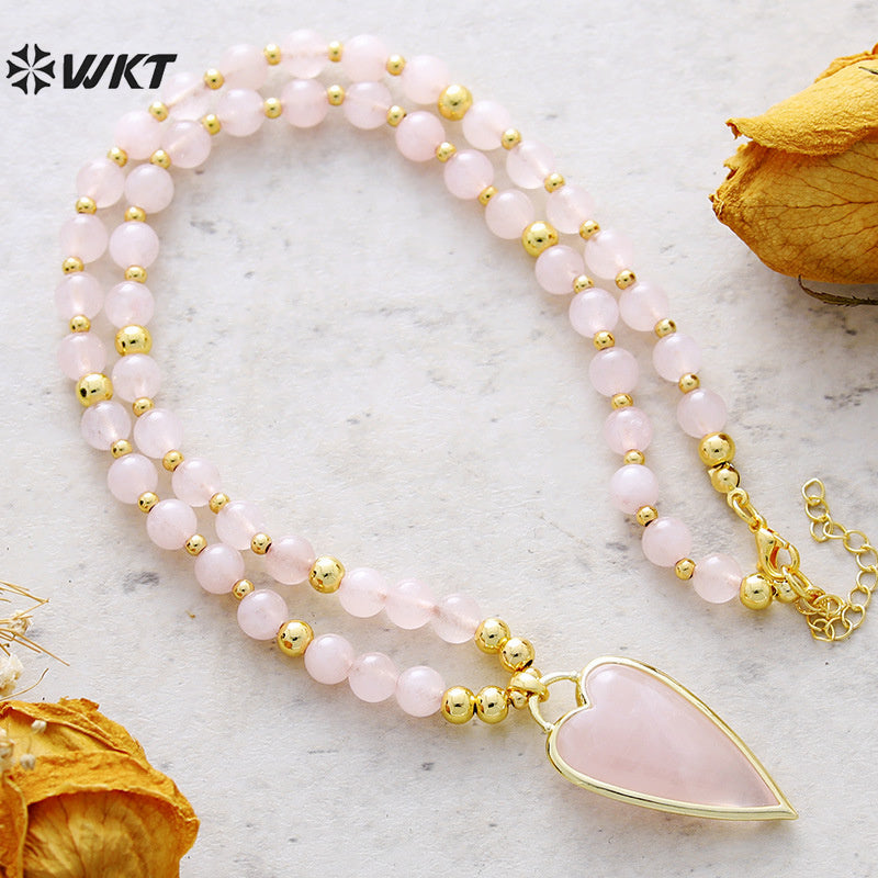 WT-N1487 High Quality Unique Design Hand Strand Round Stone Beads Necklace With Long Heart Pendant in 18 Inch Long
