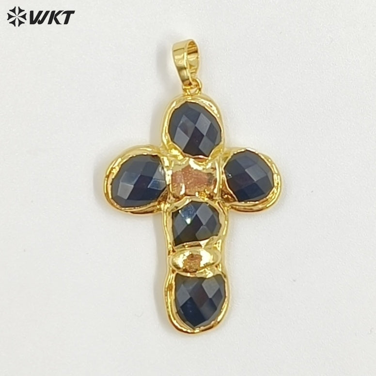 WT-P2027 Amazing Back Full Gold Plated Amazonite Multi Colors Natural Gemstones Cross Shape Pendants For Popular Necklace DIY