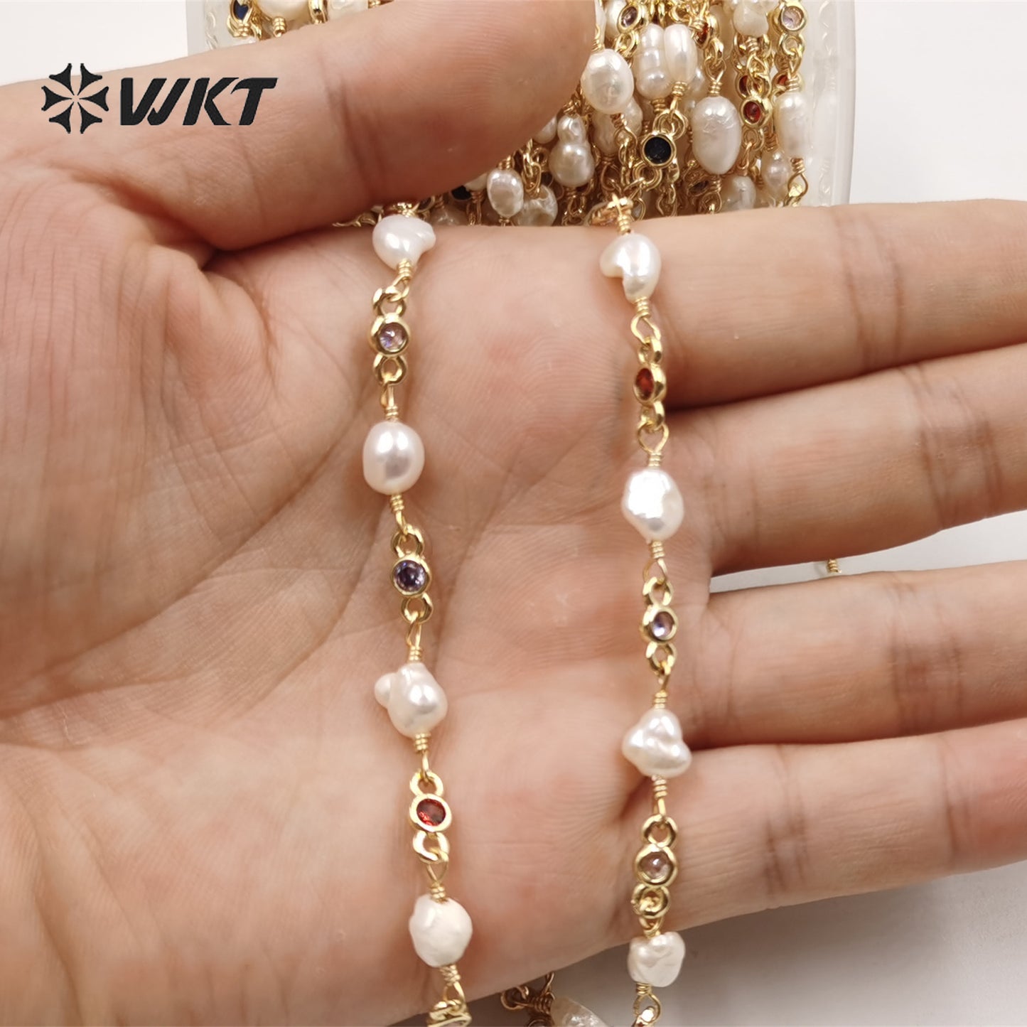 WT-RBC209 Hot Sale Delicate Pearl Chain Natural Pearl with 18k Real Gold Plated for Jewelry Necklace Bracelet DIY Pearl Chain
