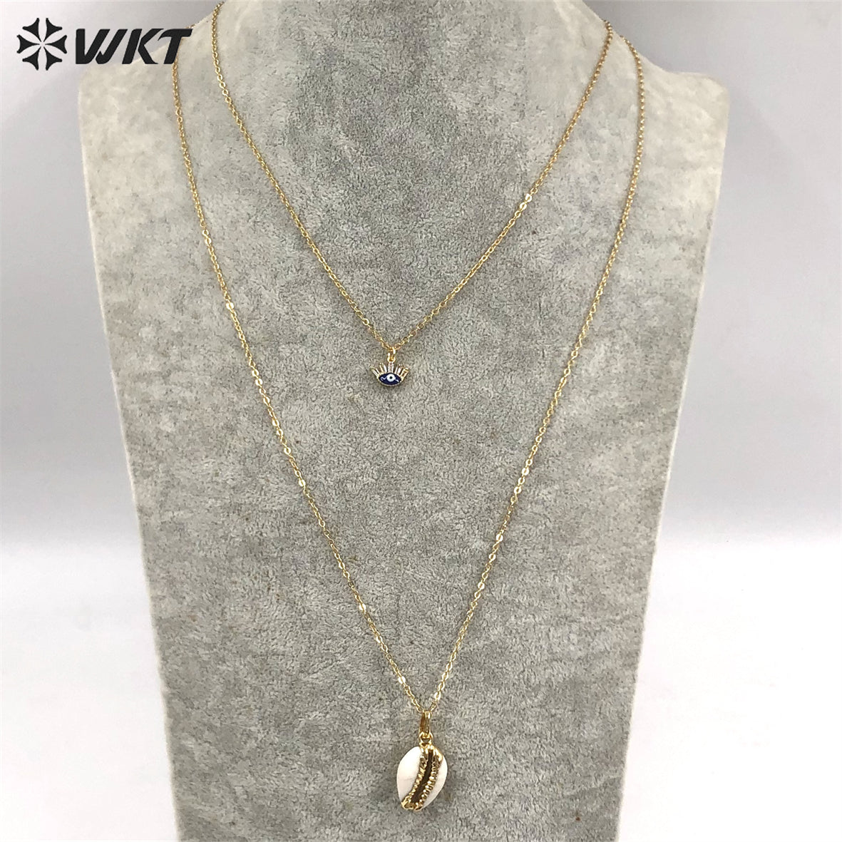 WT-JN174 New Design Fashion Gold Plated Double Layer Choker Necklace Natural White Shell Scallop Pendant Necklace Moon Necklace