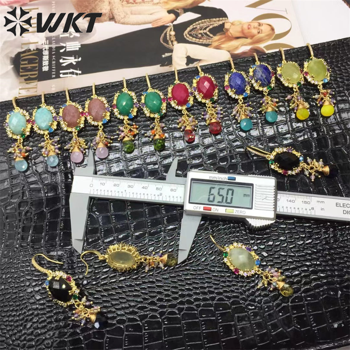 WT-E705 Charming Lady Colorful Handmade Dangling Hoops with Natural Gemstone Cubic Zircon Decorative Stone Earrings