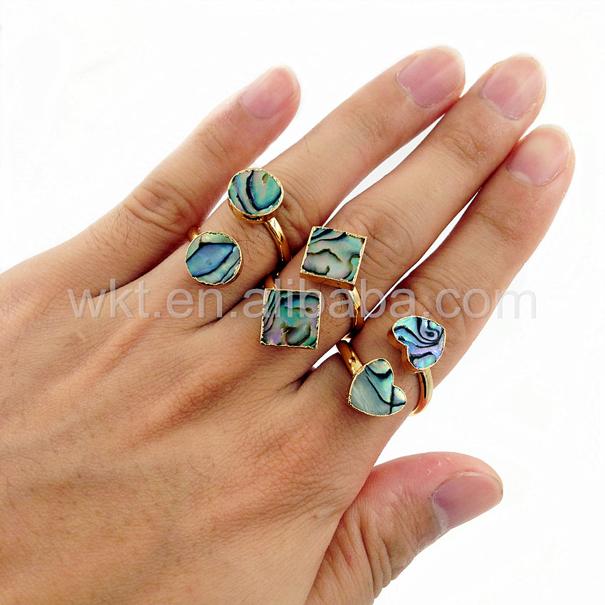 WT-R241 Wholesale 24k Gold Trim Lovely Abalone Shell Ring Double Stone Natural Abalone Shell Ring for Women Wedding Ring