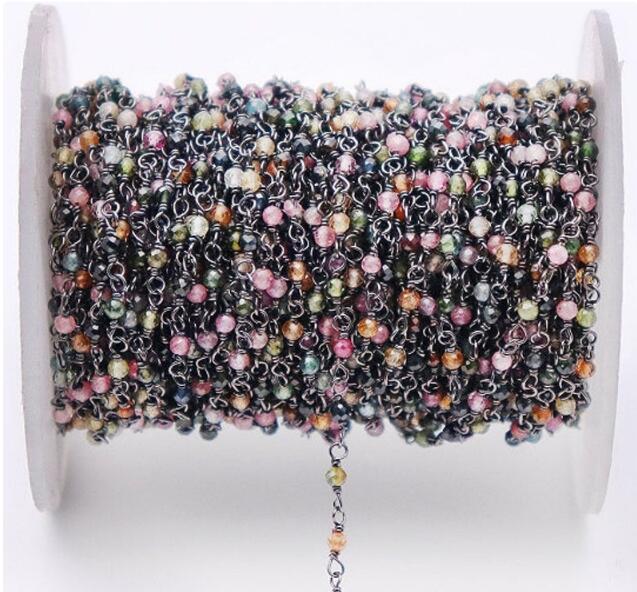WT-RBC190 Wholesale Fashion Gold Electroplated Colorful Natural Tourmaline Beads Chain Handmade Stone Made Rosary Beads Chain