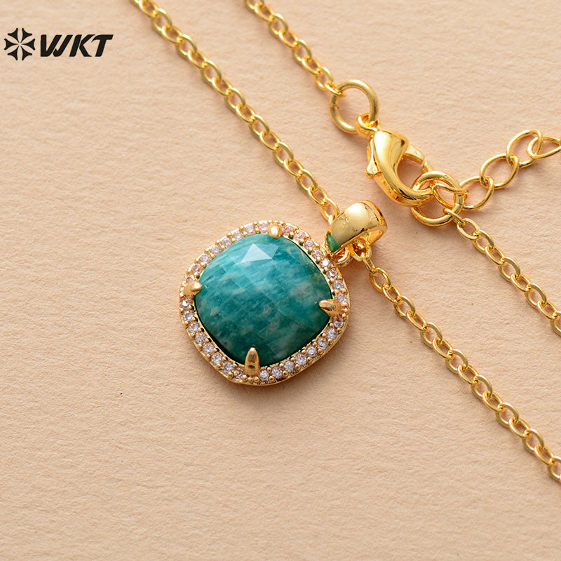 WT-N1488 Fashion Lady Square Micro Pave Setting Natural Amethyst Amazonite Lapis Charm Necklace in 18K Gold Plated