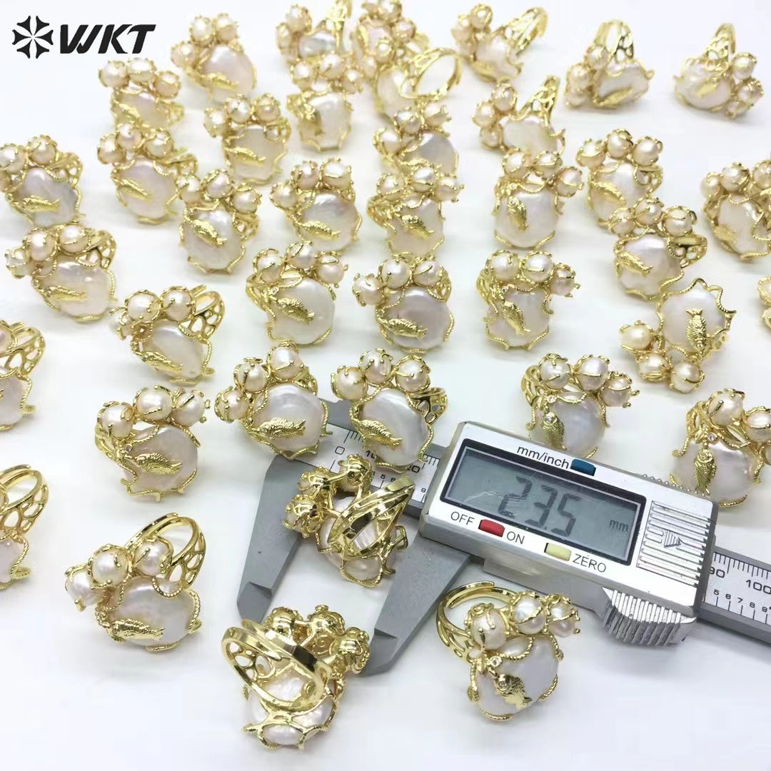WT-MPR096 New Design 18K Real Gold Plated Resist Tarnishable Natural Freshwater Pearl Claw Setting With Fish Women Ring