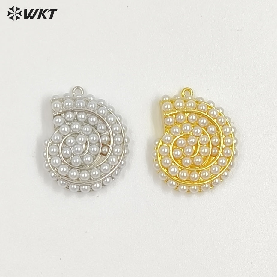 WT-MP314 Popular Sales Marine Animal Series Whorl Shape Gold Plated Brass With Artificial Pearl Lovely Pendant Jewelry Accessory