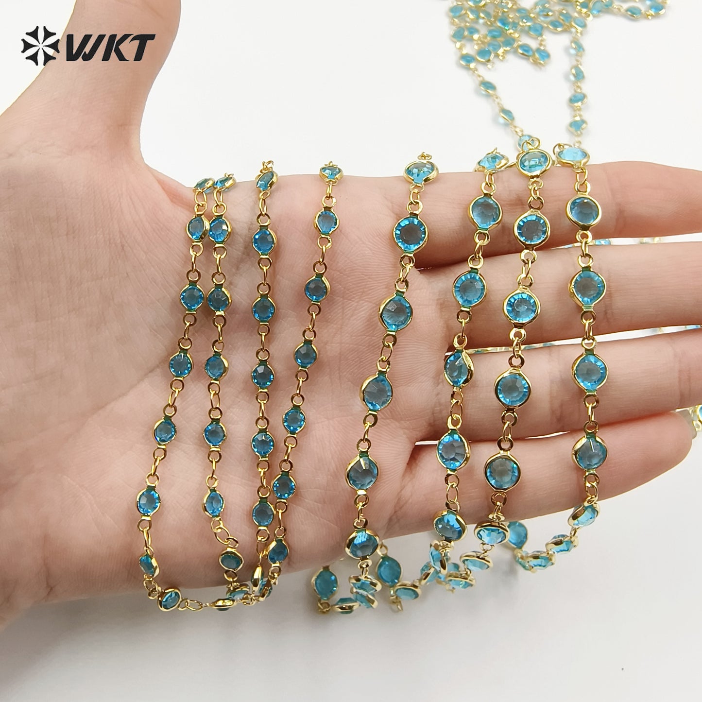 WT-RBC230 Super Hot 18K Real Gold Plated Aqua Crystal Round Beads Chain for Women Jewelry Necklace DIY Design Findings