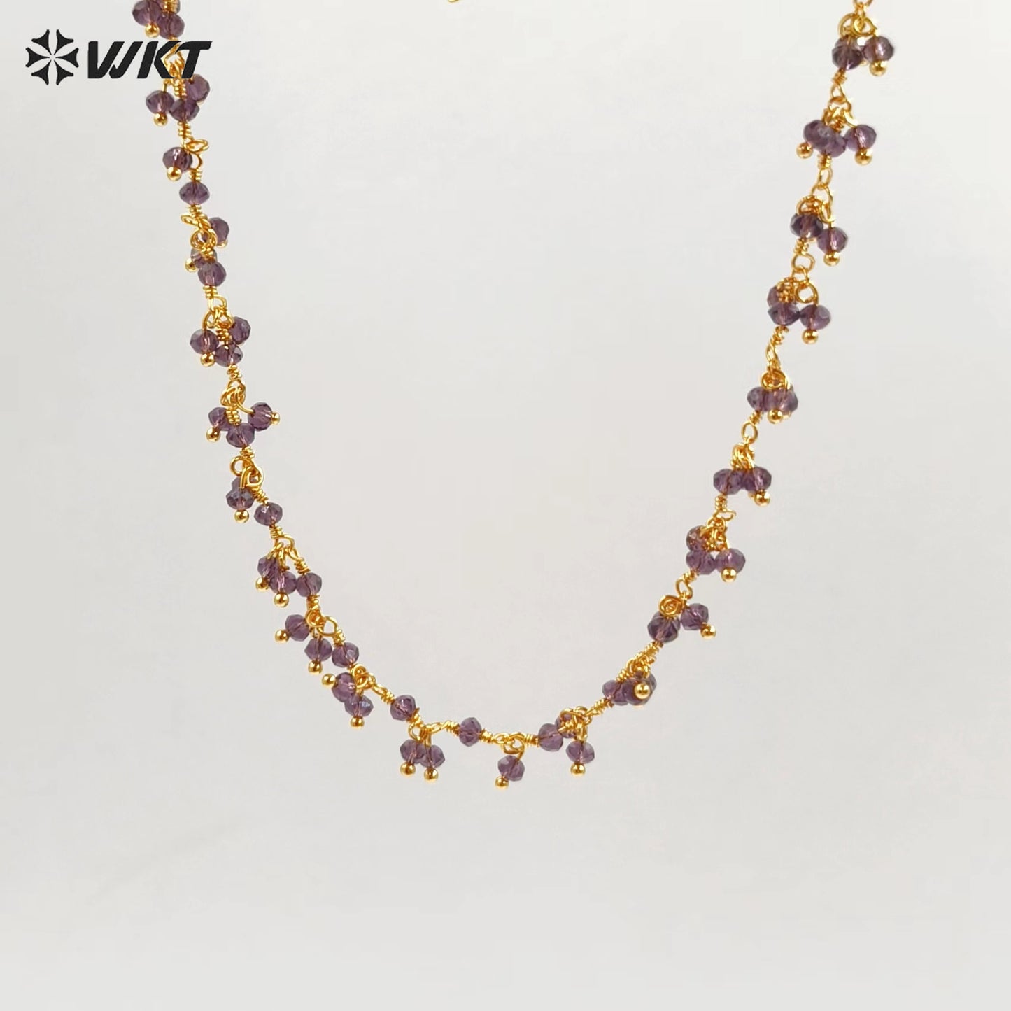 WT-RBC228 Wholesale New Fashion 18K Gold Plated Resist Tarnishable Purple Amethyst Charming Beads Chain for Necklace Design