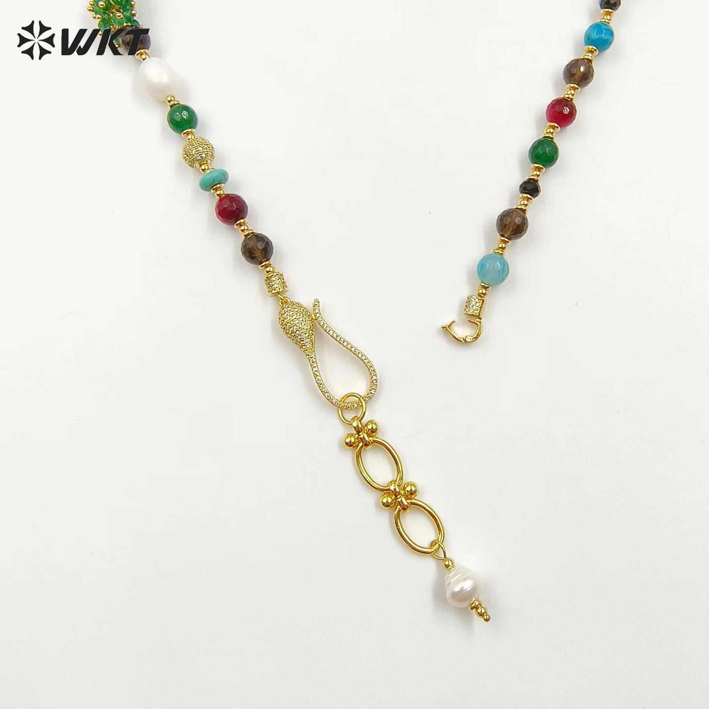 WT-JN264 Gorgeous 8MM Round Faceted Natural Agate and Baroque Pearl Lady Beads Necklace in 26 Inch Long