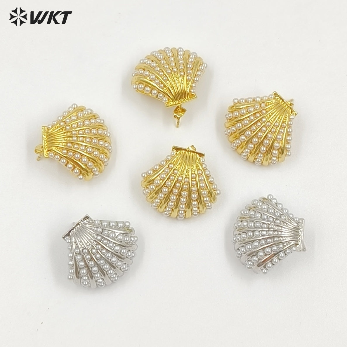 WT-ME124 New Arrival Delicate Gold And Silver Electroplated Brass With Artificial Pearl Shell Shape Earrings For Lovely Gift