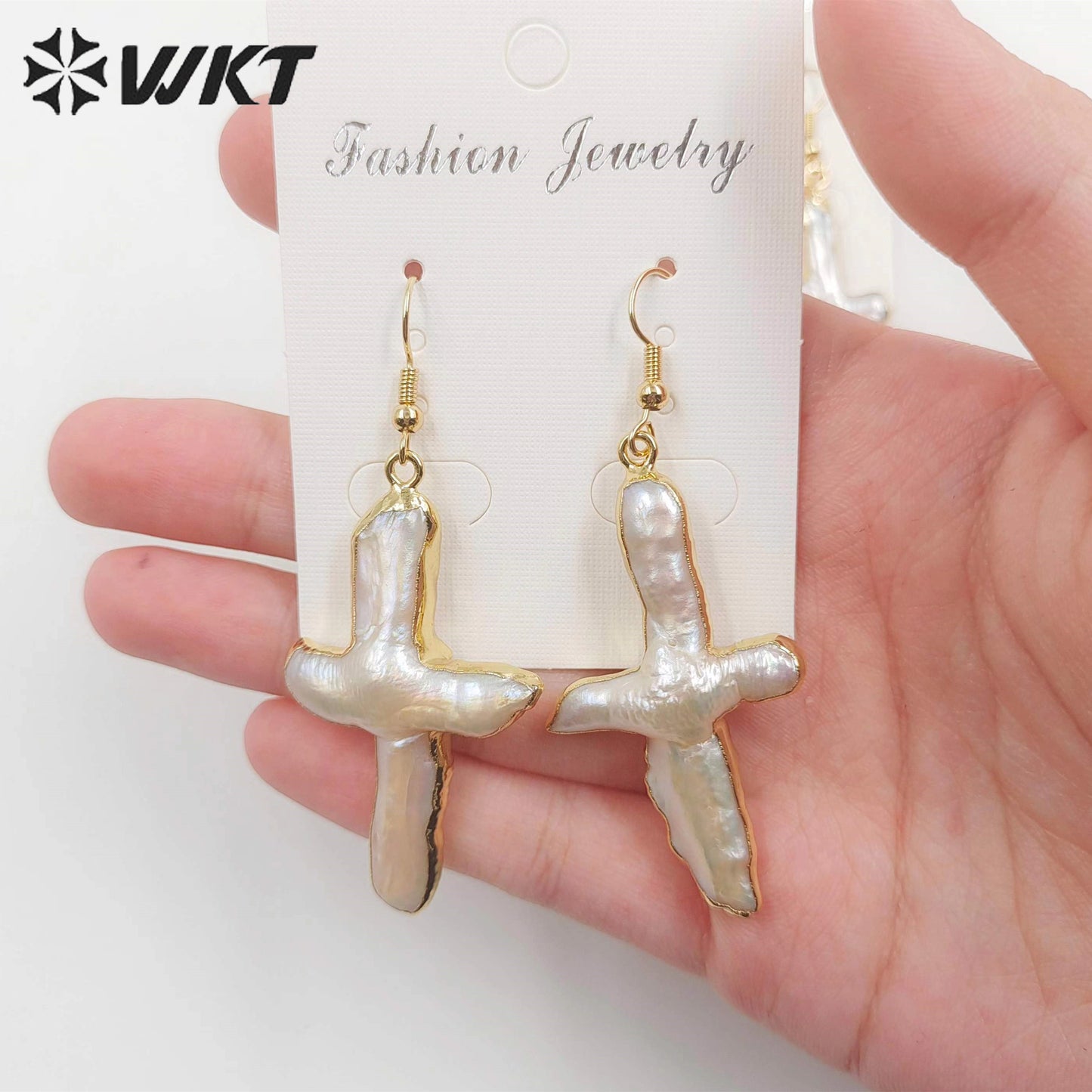 WT-E071 Super Hot Christian Religious Cross Earrings 18k Real Gold Plated Dangle Natural Freshwater Pearl Earrings for Wedding