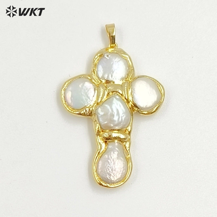 WT-JP421 Wholesale Back Full Gold Electroplated Round Natural Freshwater Pearls Cross Shape Pendant For Women Luxury Jewelry DIY