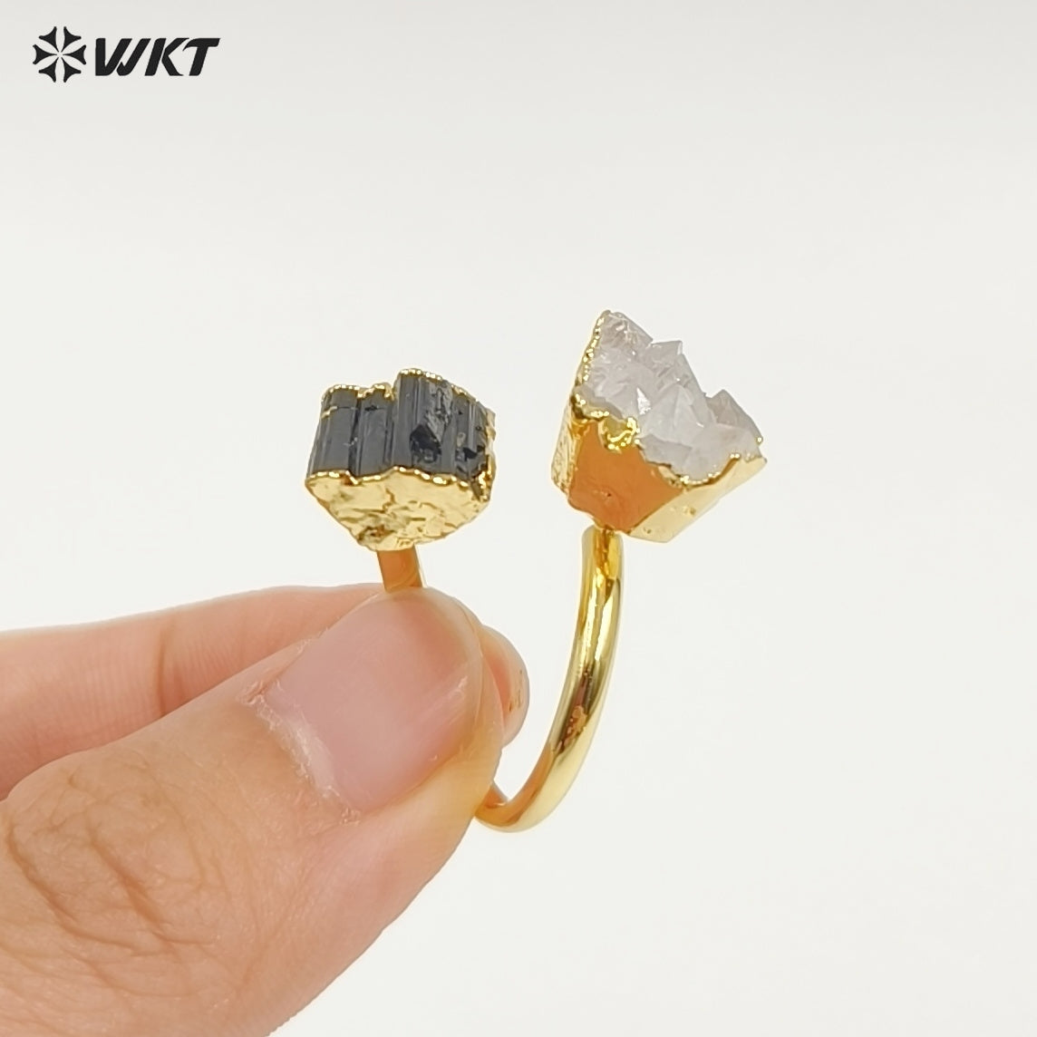 WT-R495 Amazing WKT New Design Natural Double Stone Druzy Crystal Quart and Black Tourmaline Stone Ring in Adjustable Size