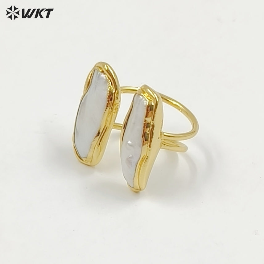 WT-R332 Classic Unique Each One Is Different Two Pearls Jewelry in Gold Plated Adjustable Natural Freshwater Pearl Rings