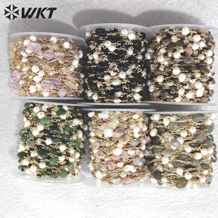 WT-RBC224 Wholesale Latest Style Nugget Stone & Pearl Retro Gold Plated Sell by Meter Handmade Metal Chain