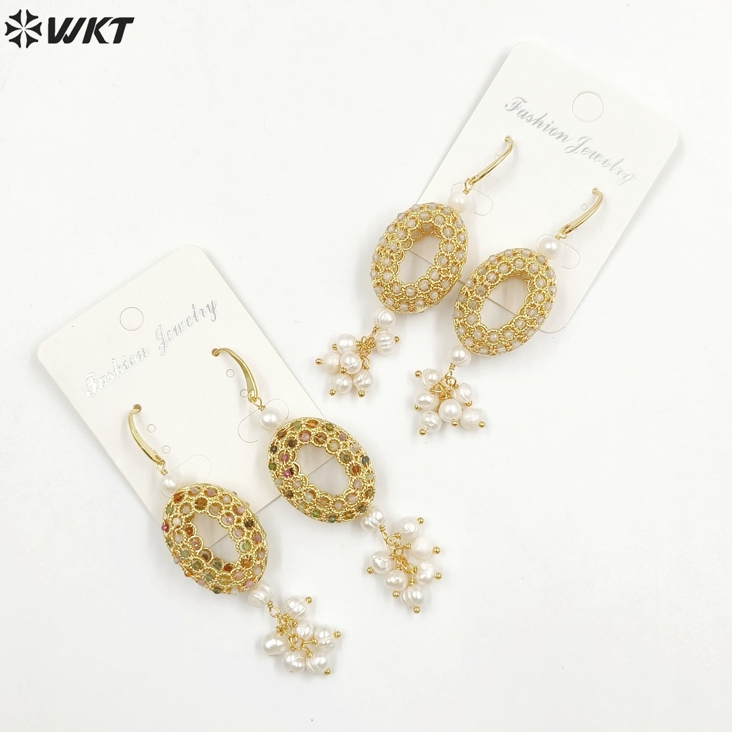 WT-MPE108 Latest Style Regular Natural Pearl and Stone 18k Gold Plated Oval Shaped 81*20mm Romantic Pendant Earrings