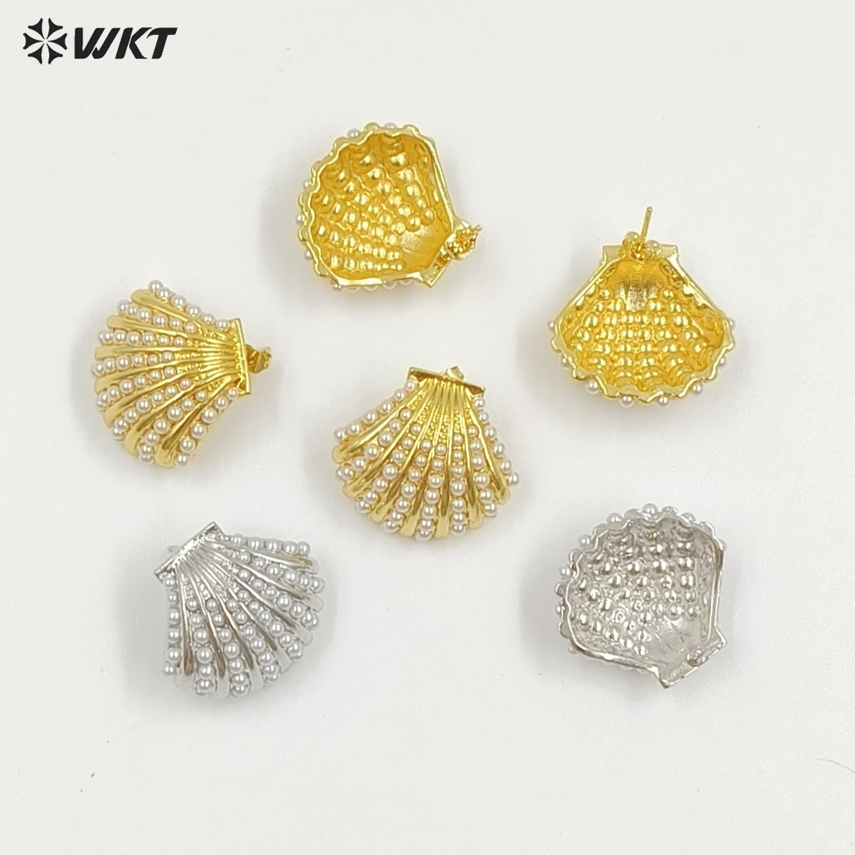 WT-ME124 New Arrival Delicate Gold And Silver Electroplated Brass With Artificial Pearl Shell Shape Earrings For Lovely Gift